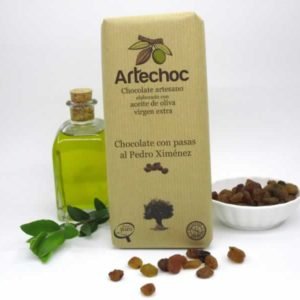 Tableta de chocolate negro artesano con aceite de oliva virgen extra (AOVE) y pasas maceradas con vino Pedro Ximénez 105 g - Artechoc