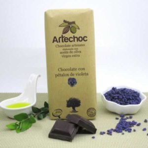 Tableta de chocolate negro artesano con aceite de oliva virgen extra (AOVE) y pétalos de violeta 105 g - Artechoc