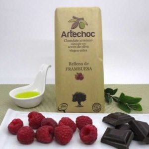 Tableta de chocolate negro artesano con aceite de oliva virgen extra relleno de crema de frambuesa con AOVE 105 g - Artechoc