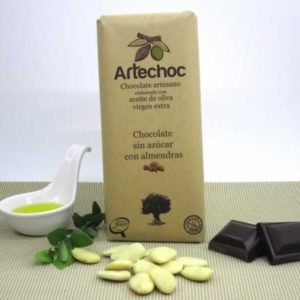 Tableta de chocolate negro artesano 70% cacao sin azúcar con aceite de oliva virgen extra (AOVE) y almendras 105 g - Artechoc